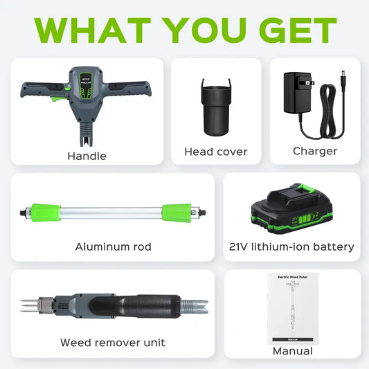 21V Electric Weed Puller with 3-Claw Steel Head, Cordless Weeding Tool with 2.0Ah Battery & Charger